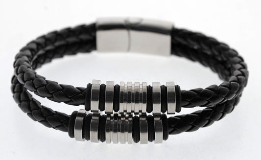 Pulsera negra cuero y acero quirurgico Mod 19