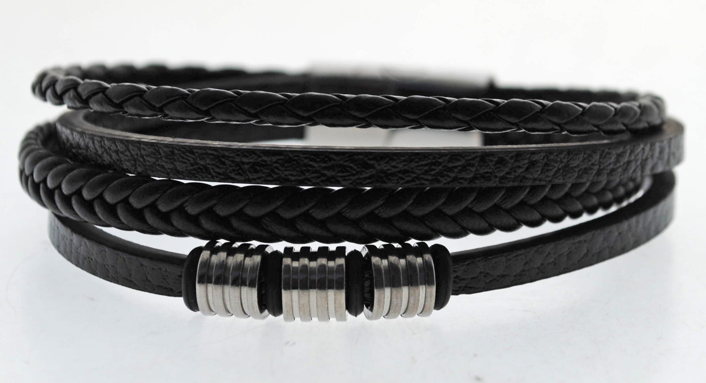 Pulsera negra cuero y acero quirurgico Mod 33