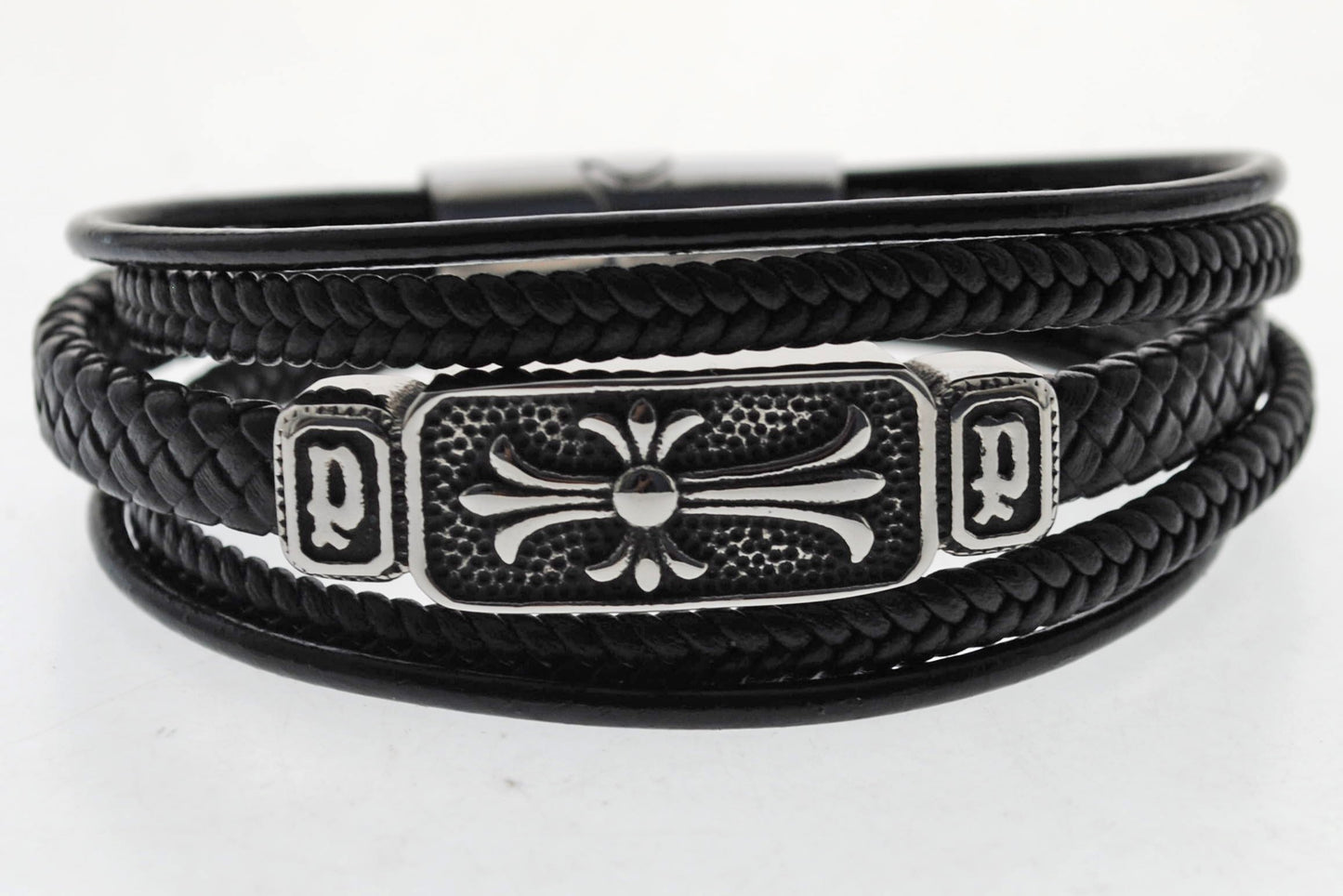 Pulsera negra cuero y acero quirurgico Mod 45