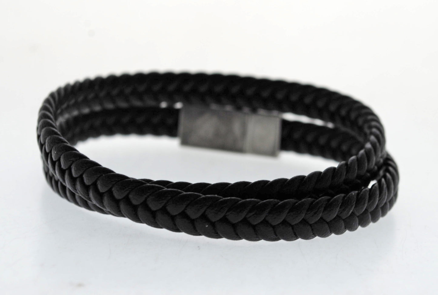 Pulsera negra cuero y acero quirurgico Mod 06