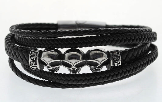 Pulsera negra cuero y acero quirurgico Mod 08