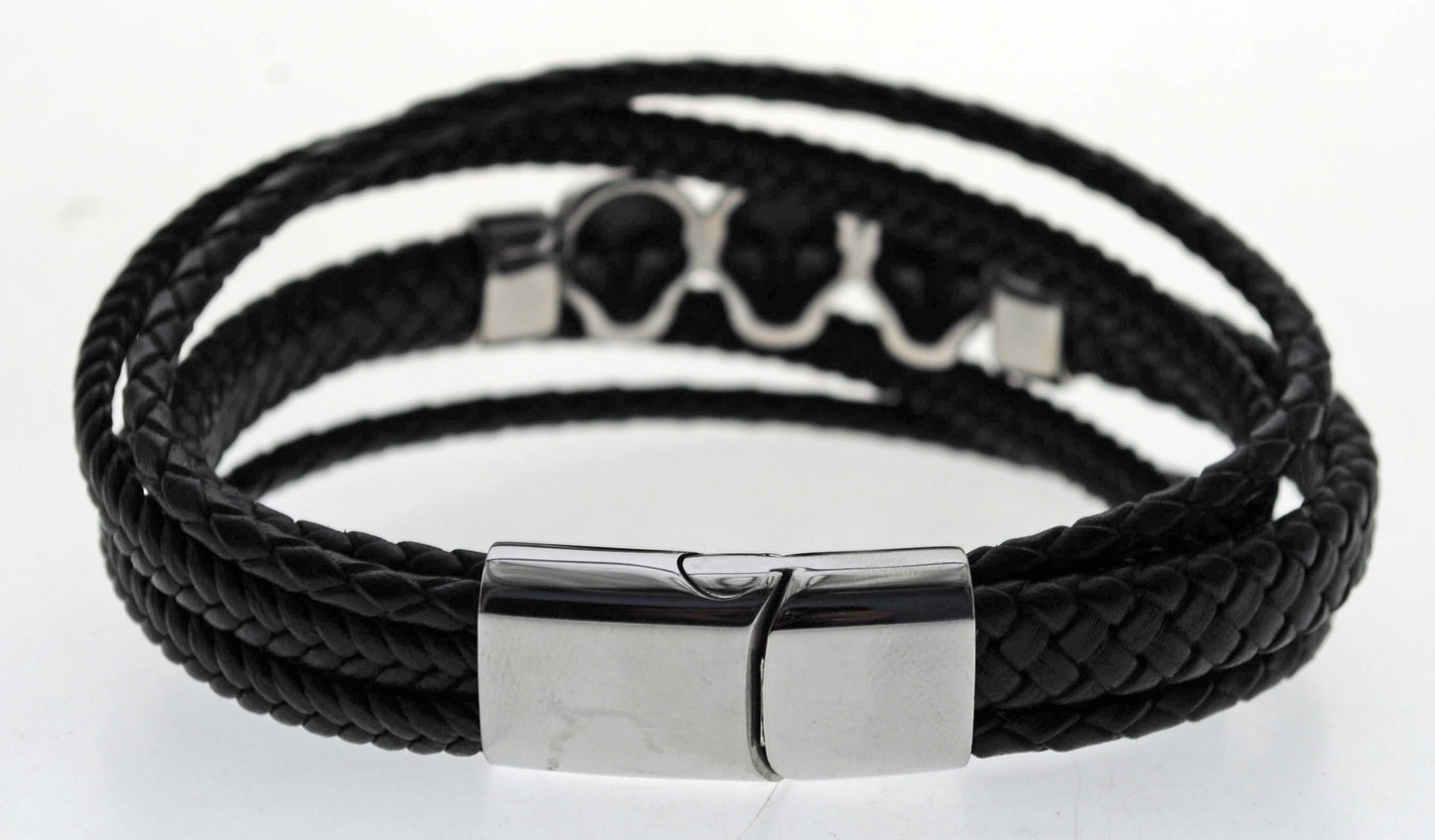 Pulsera negra cuero y acero quirurgico Mod 08