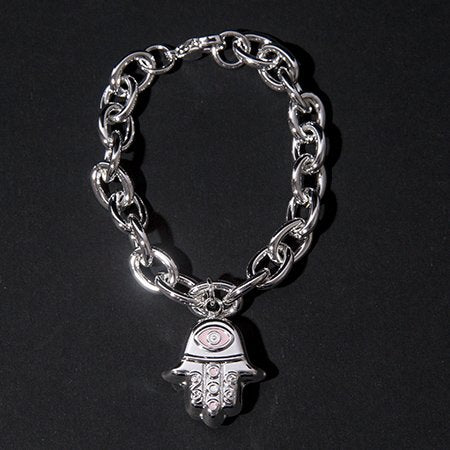 Pulsera D&K Acero Blanco Con Dije Mano De Fatima Inflada Con Detalle Rosa / 1000RE-42