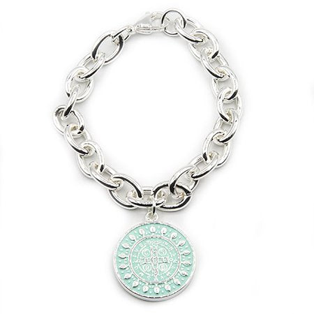 Pulsera acero blanco con dije San Benito esmaltado agua marina D&K 18 cm / 1000RE-47