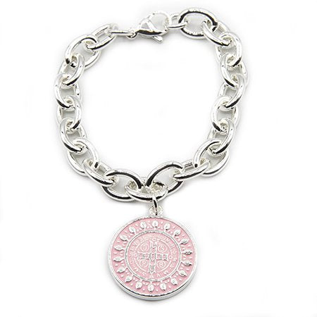 Pulsera acero blanco con dije San Benito esmaltado rosa D&K 18 cm / 1000RE-49