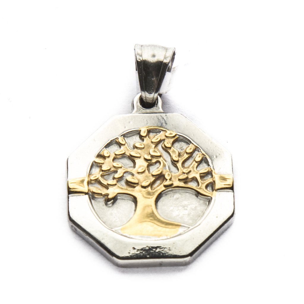 Dije Medalla Arbol De La Vida Con Dorado Octágono de Acero Quirúrgico 316L. Alt: 3,5 cm Incl. Argolla. / 500AV-10