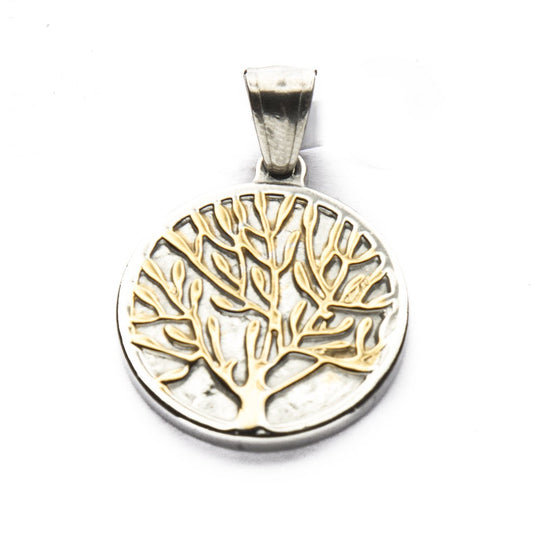 Dije Medalla Arbol De La Vida Con Dorado de Acero Quirúrgico 316L. Alt: 3,5 cm Incl. Argolla. / 500AV-31