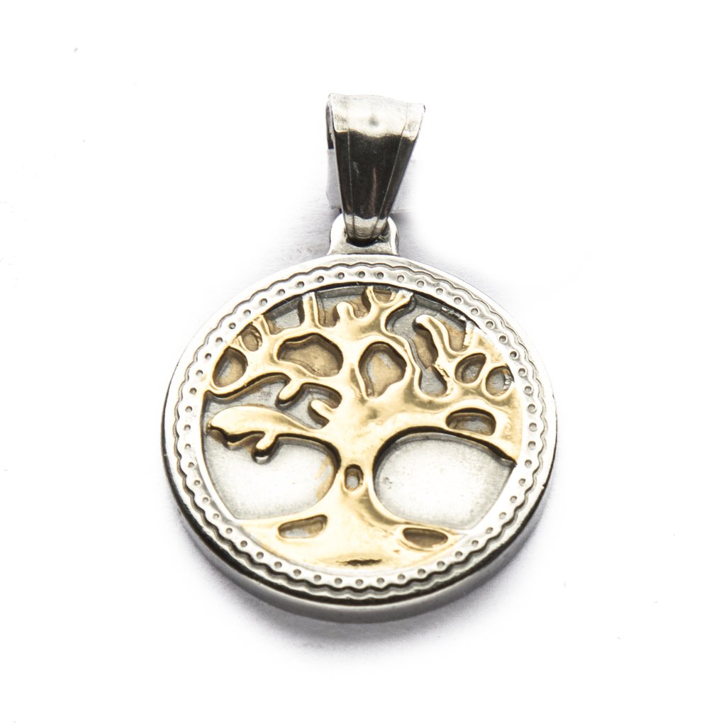 Dije Medalla Arbol De La Vida Con Dorado de Acero Quirúrgico 316L. Alt: 3,4 cm Incl. Argolla. / 500AV-33