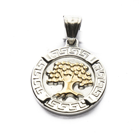 Dije Medalla Arbol De La Vida Con Dorado y Borde Con Guarda de Acero Quirúrgico 316L. Alt: 3,5 cm Incl. Argolla. / 500AV-47