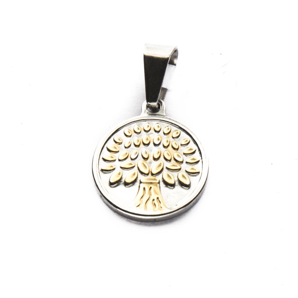 Dije Medalla Arbol De La Vida Con Dorado de Acero Quirúrgico 316L. Alt: 2,9 cm Incl. Argolla. / 500AV-59