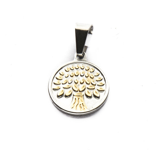 Dije Medalla Arbol De La Vida Con Dorado de Acero Quirúrgico 316L. Alt: 2,9 cm Incl. Argolla. / 500AV-59