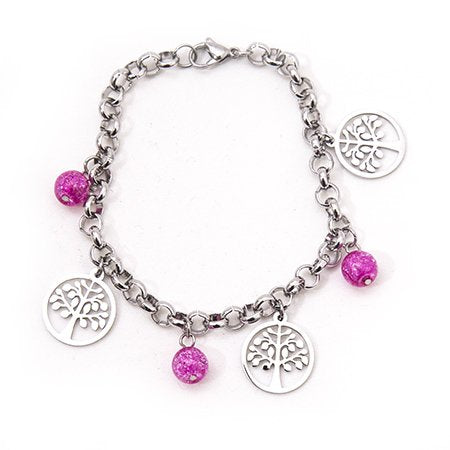 Pulsera rolo con tres dijes arbol de la vida y bolitas rosa D&K / 600AV-32