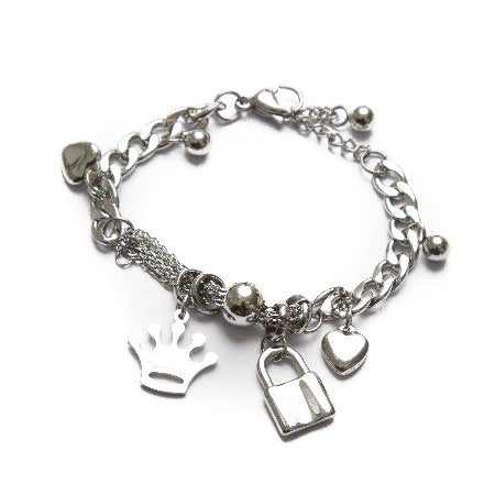 Pulsera D&K Con Dije Corazón, Candado , Corona Y Pelotitas / 600CO-11