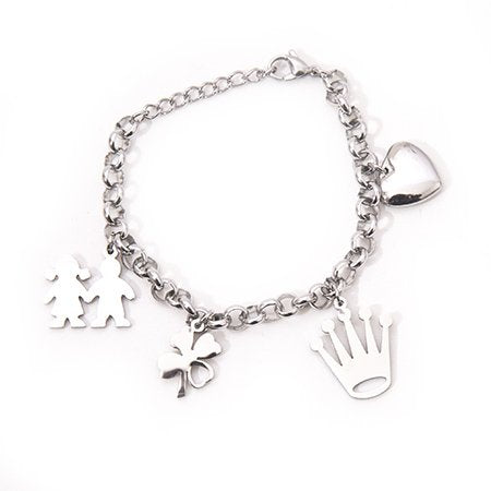 Pulsera rolo con dijes nenes, trebol, corona y Corazón D&K / 600DI-54