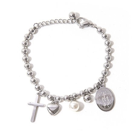 Pulsera bolitas D&K con dije Guadalupe, con dije corazón y cruz / 600RE-126