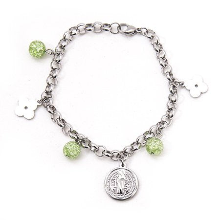 Pulsera roló con dije San Benito y bolitas verdes D&K / 600RE-131