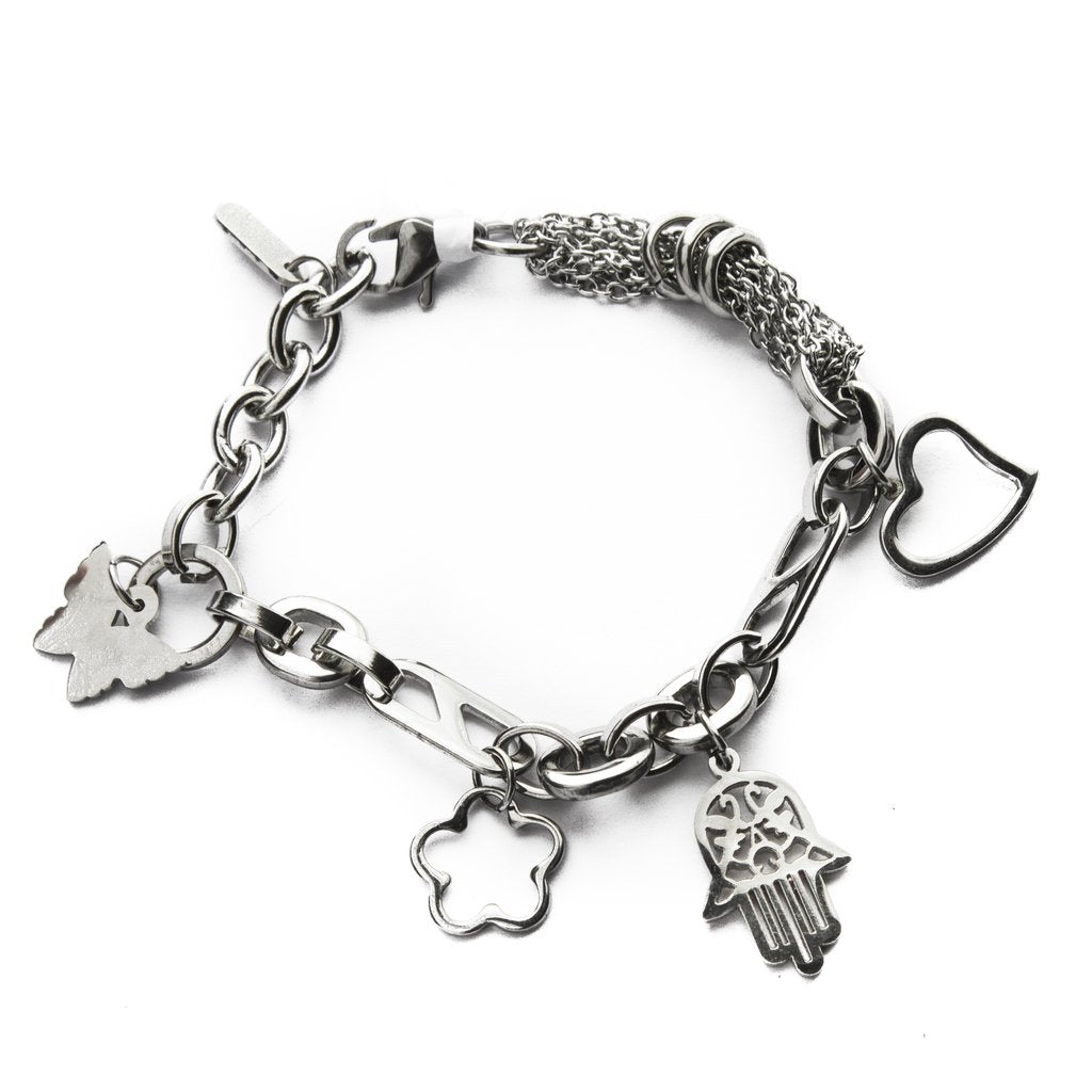 Pulsera Con Dije Mano De Fatima, Mariposa Y Corazón / 600RE-3