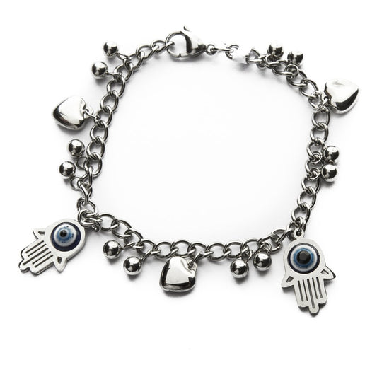 Pulsera Figaro Con Mano De Fatima, Pelotitas Y Corazónes / 600RE-4