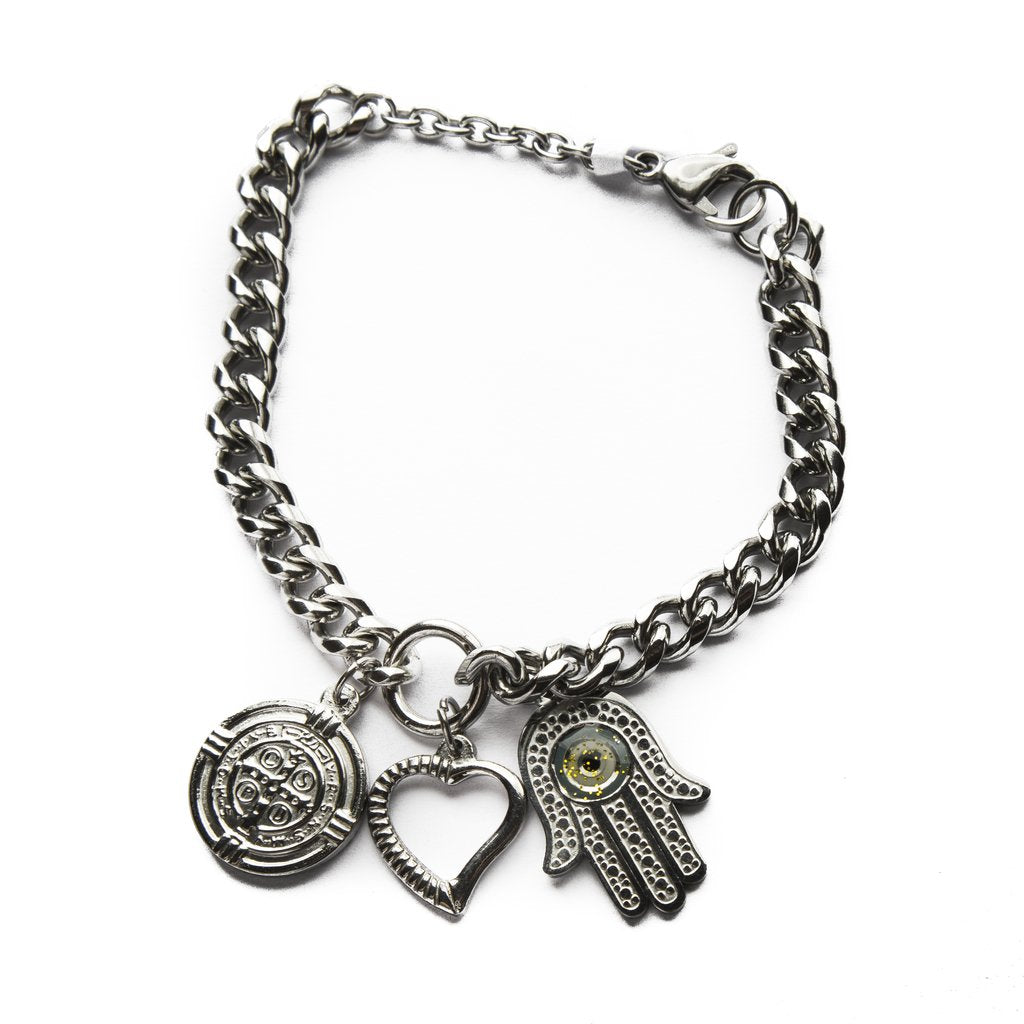 Pulsera Grumet Con Mano De Fatima, San Benito Y Corazón / 600RE-7