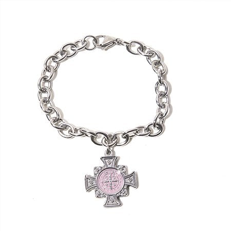 Pulsera D&K Con Cruz San Benito, Esmaltada En Rosa / 600RE-84