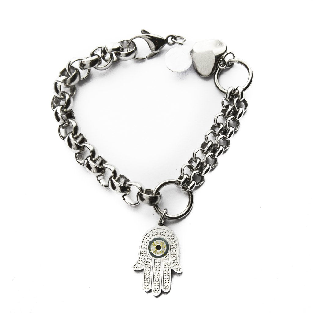 Pulsera Rolo Doble Con Mano De Fatima Y Corazón / 600RE-9