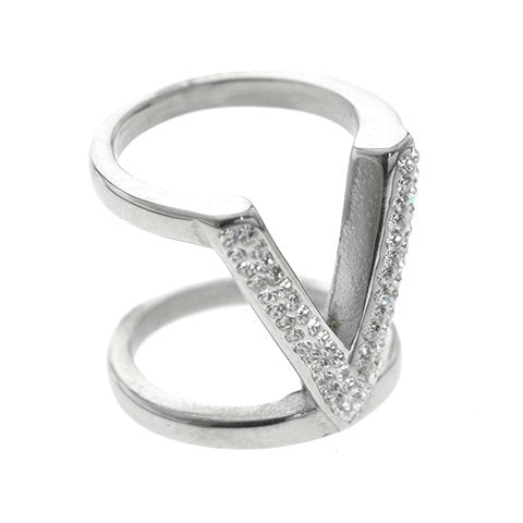 Anillo Acero Quirurgico Doble en V con Lineas cubics Blanco D&K / 100PI-68