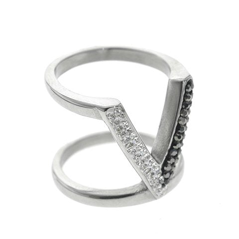 Anillo Acero Quirurgico Doble en V con Lineas Cubics Negro y Blanco D&K