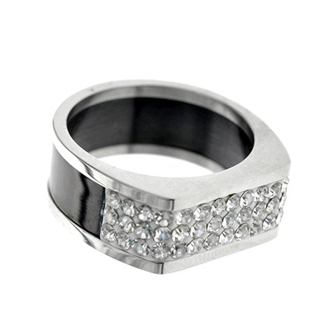 Anillo Acero Quirurgico tipo sello con cubics blanco y franja negra D&K