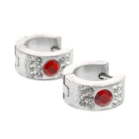 Aros cubanos acero quirurgico con cubics y piedra roja circular 9 mm D&K / 200CU-65