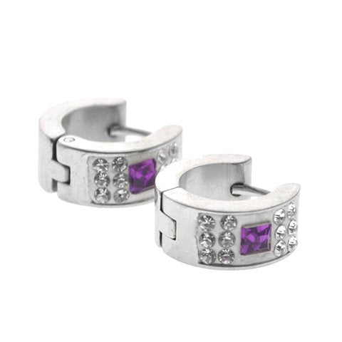 Aros cubanos acero quirurgico con cubics y piedra cuadradra purpura 9 mm D&K / 200CU-69